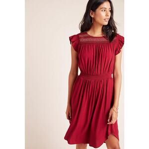 Anthropologie Dolan Red Left Coast Tansy Smocked Midi Ruffle-Shoulder Dress XS